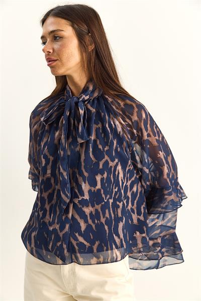 Kadın Yakadan Bağlamalı Desenli Şifon Astarlı Volan Kol Bluz 1032 60286090 - Lacivert