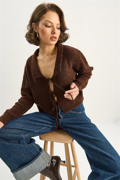 Kadın Yakalı Bağlama Detaylı Triko Hırka 9061 60283751 - Acı Kahve