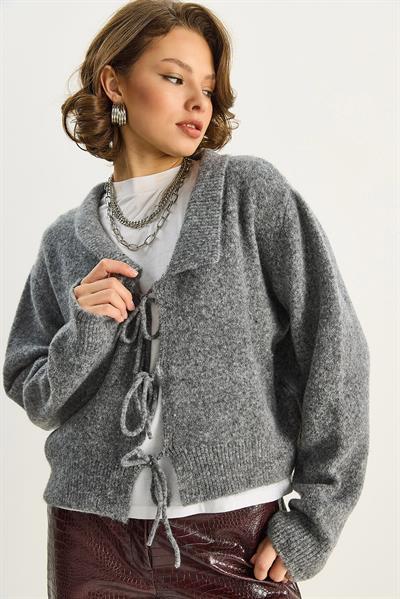 Kadın Yakalı Bağlama Detaylı Triko Hırka 9061 60283751 - Füme