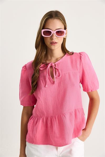 Kadın Yakası Bağlamalı Kolları Lastikli Müslin Bluz 4715 60283498 - Pembe
