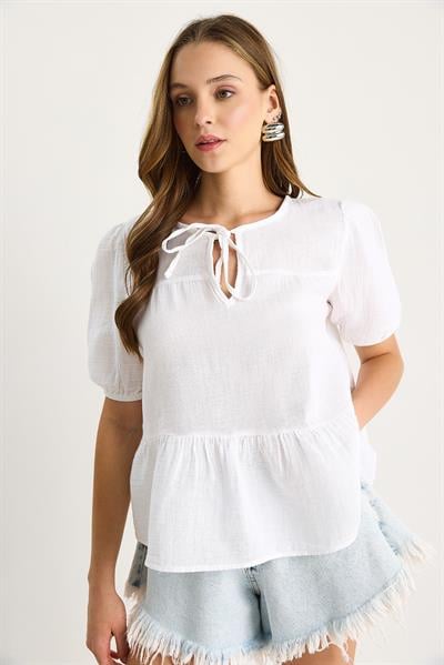 Kadın Yakası Bağlamalı Kolları Lastikli Müslin Bluz 4715 60283498 - Beyaz
