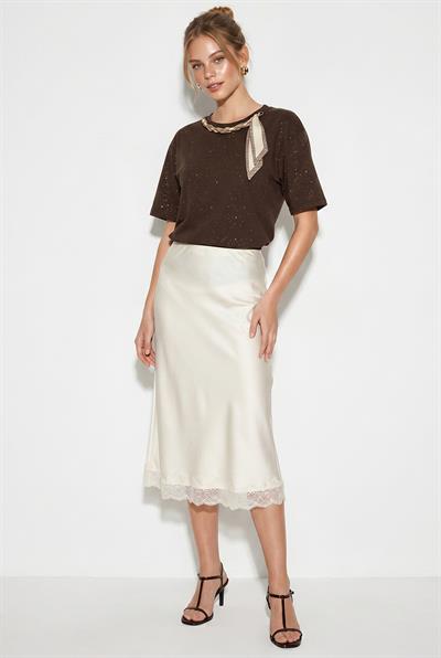 Kadın Yaldız Baskılı Zincir ve Fular Detaylı Oversize T-Shirt 2214 60286293 - Acı Kahve