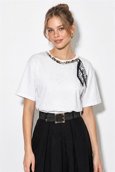 Kadın Yaldız Baskılı Zincir ve Fular Detaylı Oversize T-Shirt 2214 60286293 - Beyaz