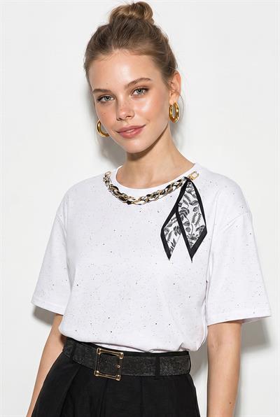 Kadın Yaldız Baskılı Zincir ve Fular Detaylı Oversize T-Shirt 2214 60286293 - Beyaz