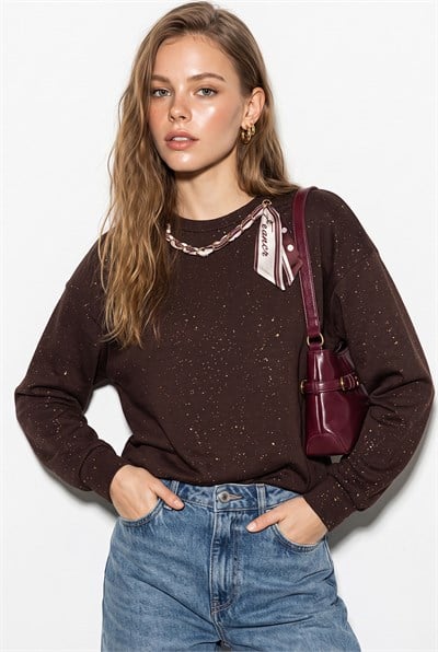 Kadın Yaldız Baskılı Zincir ve Fular Detaylı Modal Oversize Sweatshirt 2266 60286477 - Acı Kahve