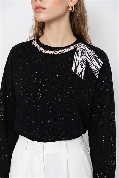 Kadın Yaldız Baskılı Zincir ve Fular Detaylı Modal Oversize Sweatshirt 2266 60286477 - Siyah