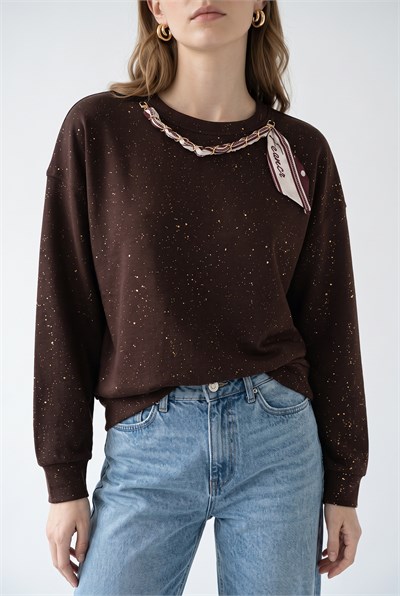 Kadın Yaldız Baskılı Zincir ve Fular Detaylı Modal Oversize Sweatshirt 2266 60286477 - Acı Kahve