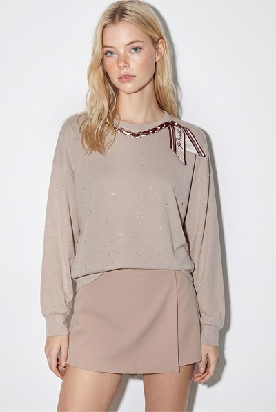 Kadın Yaldız Baskılı Zincir ve Fular Detaylı Modal Oversize Sweatshirt 2266 60286477 - Bej