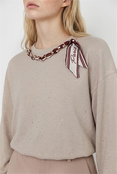 Kadın Yaldız Baskılı Zincir ve Fular Detaylı Modal Oversize Sweatshirt 2266 60286477 - Bej