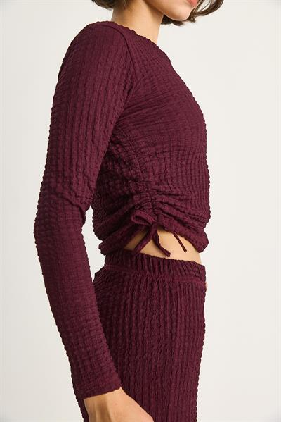 Kadın Yanları Bağlamalı Crop Beli Lastikli Yüksek Bel Pantolonlu Bürümcük Takım 8075 60284110 - Mürdüm