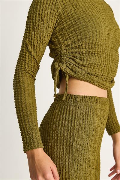 Kadın Yanları Bağlamalı Crop Beli Lastikli Yüksek Bel Pantolonlu Bürümcük Takım 8075 60284110 - Yeşil