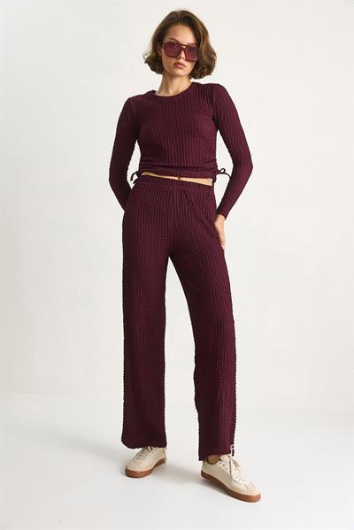 Kadın Yanları Bağlamalı Crop Beli Lastikli Yüksek Bel Pantolonlu Bürümcük Takım 8075 60284110 - Mürdüm