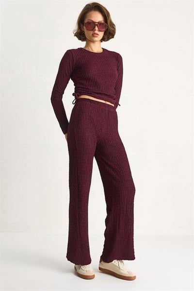 Kadın Yanları Bağlamalı Crop Beli Lastikli Yüksek Bel Pantolonlu Bürümcük Takım 8075 60284110 - Mürdüm