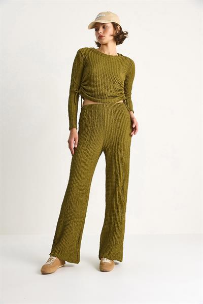 Kadın Yanları Bağlamalı Crop Beli Lastikli Yüksek Bel Pantolonlu Bürümcük Takım 8075 60284110 - Yeşil