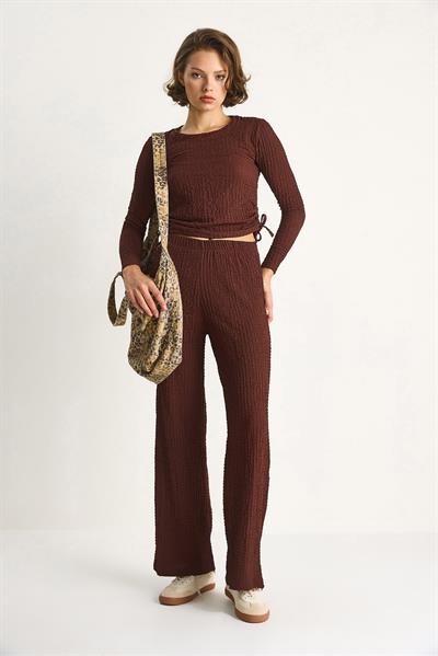 Kadın Yanları Bağlamalı Crop Beli Lastikli Yüksek Bel Pantolonlu Bürümcük Takım 8075 60284110 - Kahve