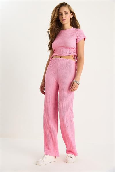 Kadın Yanları Bağlamalı Kısa Kollu Crop Gofre Alt-Üst Takım 60283481 - Şeker Pembe