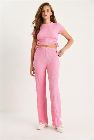 Kadın Yanları Bağlamalı Kısa Kollu Crop Gofre Alt-Üst Takım 60283481 - Şeker Pembe