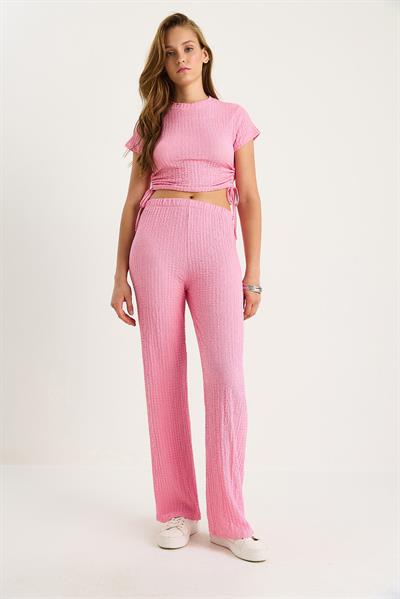 Kadın Yanları Bağlamalı Kısa Kollu Crop Gofre Alt-Üst Takım 60283481 - Şeker Pembe