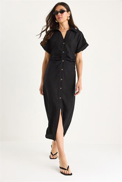 Kadın Yanları Drapeli Midi Boy V Yaka Saran Elbise 25-074 60283431 - Siyah