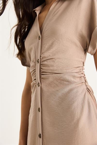 Kadın Yanları Drapeli Midi Boy V Yaka Saran Elbise 25-074 60283431 - Bej