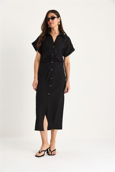 Kadın Yanları Drapeli Midi Boy V Yaka Saran Elbise 25-074 60283431 - Siyah