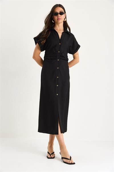 Kadın Yanları Drapeli Midi Boy V Yaka Saran Elbise 25-074 60283431 - Siyah