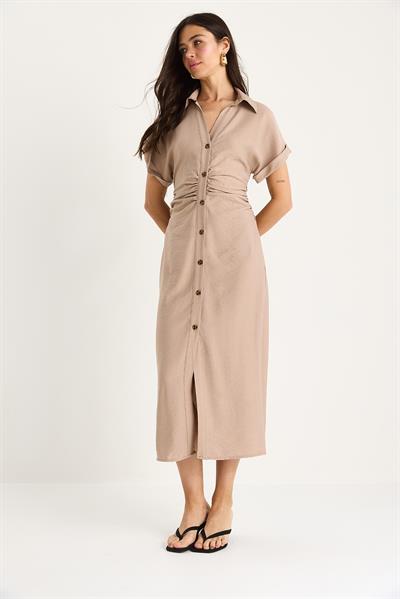 Kadın Yanları Drapeli Midi Boy V Yaka Saran Elbise 25-074 60283431 - Bej