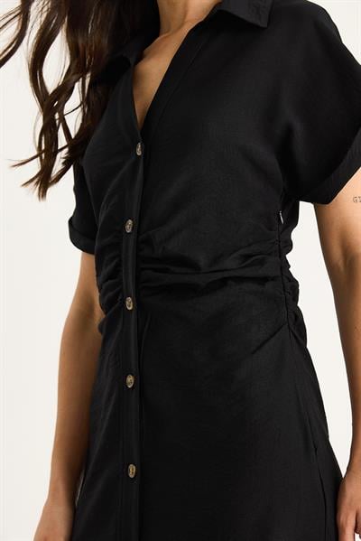 Kadın Yanları Drapeli Midi Boy V Yaka Saran Elbise 25-074 60283431 - Siyah