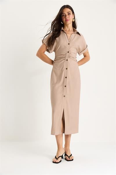 Kadın Yanları Drapeli Midi Boy V Yaka Saran Elbise 25-074 60283431 - Bej