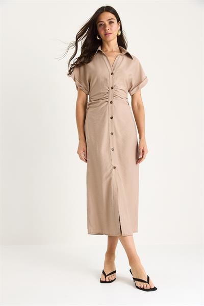 Kadın Yanları Drapeli Midi Boy V Yaka Saran Elbise 25-074 60283431 - Bej