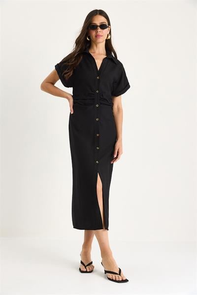 Kadın Yanları Drapeli Midi Boy V Yaka Saran Elbise 25-074 60283431 - Siyah