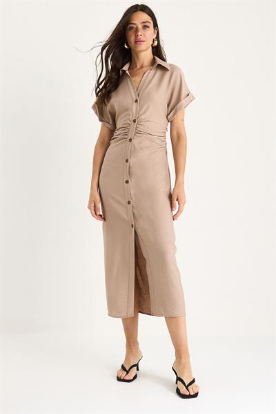Kadın Yanları Drapeli Midi Boy V Yaka Saran Elbise 25-074 60283431 - Bej