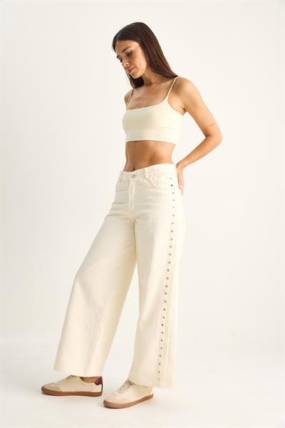 Kadın Yanları Metal Detaylı Wide Leg Denim Pantolon 60282058 - Krem