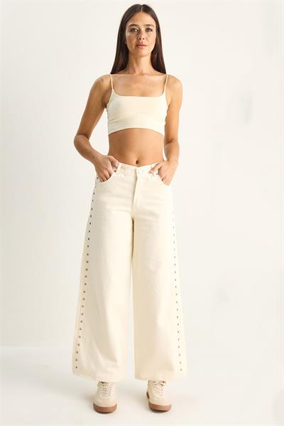 Kadın Yanları Metal Detaylı Wide Leg Denim Pantolon 60282058 - Krem
