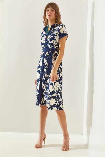 Kadın Yaprak Desenli Kuşaklı Düğmeli Midi Boy Elbise 2455 60251317 - Lacivert