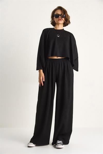 Kadın Yarasa Kol Crop Beli Lastikli Pantolon Modal Alt-Üst Takım 4025  60284068 - Siyah