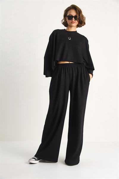 Kadın Yarasa Kol Crop Beli Lastikli Pantolon Modal Alt-Üst Takım 4025  60284068 - Siyah
