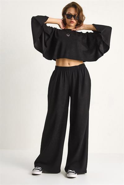 Kadın Yarasa Kol Crop Beli Lastikli Pantolon Modal Alt-Üst Takım 4025  60284068 - Siyah