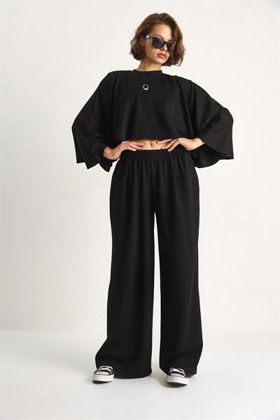 Kadın Yarasa Kol Crop Beli Lastikli Pantolon Modal Alt-Üst Takım 4025  60284068 - Siyah