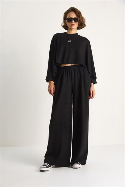Kadın Yarasa Kol Crop Beli Lastikli Pantolon Modal Alt-Üst Takım 4025  60284068 - Siyah