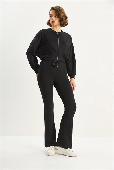 Kadın Yarasa Kol Crop Hırka İspanyol Pantolon Modal Alt-Üst Takım 4059 60283731 - Siyah