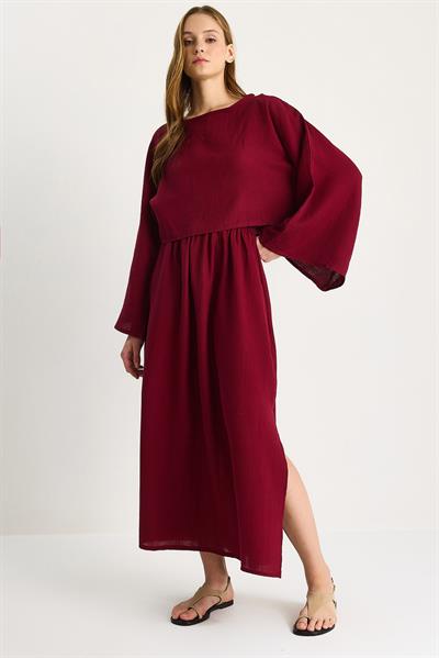 Kadın Yarasa Kol Crop Yırtmaç Detay Etek Müslin Takım 9280-1 60283504 - Bordo