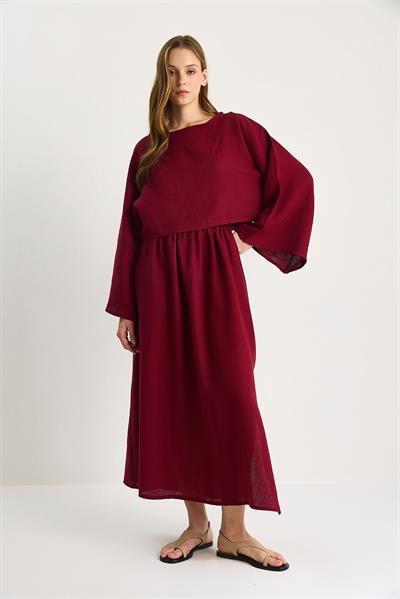 Kadın Yarasa Kol Crop Yırtmaç Detay Etek Müslin Takım 9280-1 60283504 - Bordo