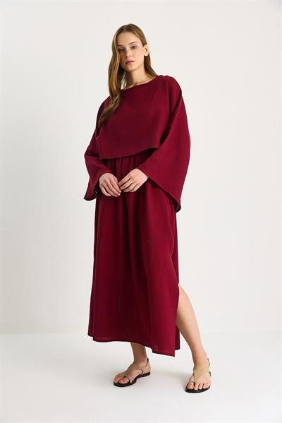 Kadın Yarasa Kol Crop Yırtmaç Detay Etek Müslin Takım 9280-1 60283504 - Bordo