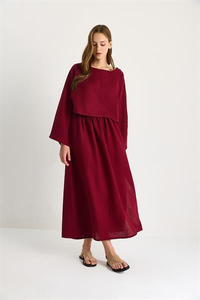 Kadın Yarasa Kol Crop Yırtmaç Detay Etek Müslin Takım 9280-1 60283504 - Bordo