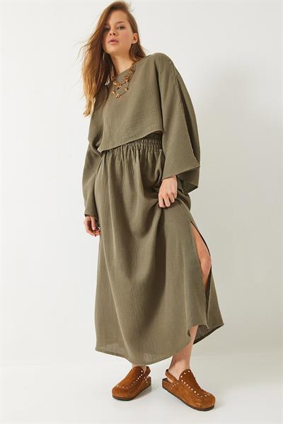 Kadın Yarasa Kol Croplu Beli Lastikli Yırtmaç Detay Etekli Müslin Takım 9280 60281002 - Haki