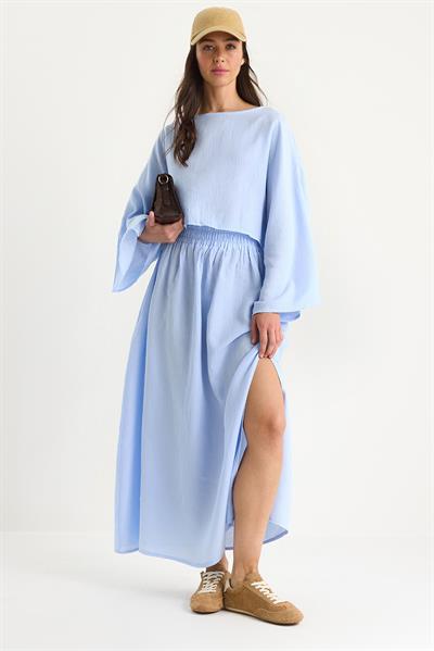 Kadın Yarasa Kol Croplu Beli Lastikli Yırtmaç Detay Etekli Müslin Takım 9280 60281002 - Bebe Mavisi
