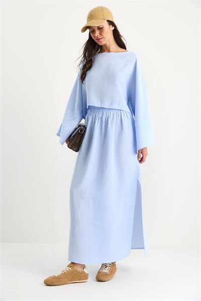 Kadın Yarasa Kol Croplu Beli Lastikli Yırtmaç Detay Etekli Müslin Takım 9280 60281002 - Bebe Mavisi