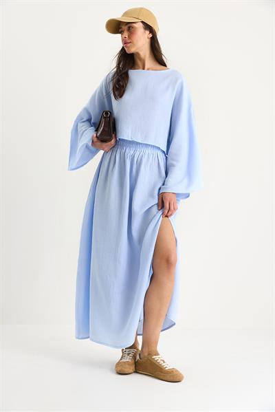Kadın Yarasa Kol Croplu Beli Lastikli Yırtmaç Detay Etekli Müslin Takım 9280 60281002 - Bebe Mavisi