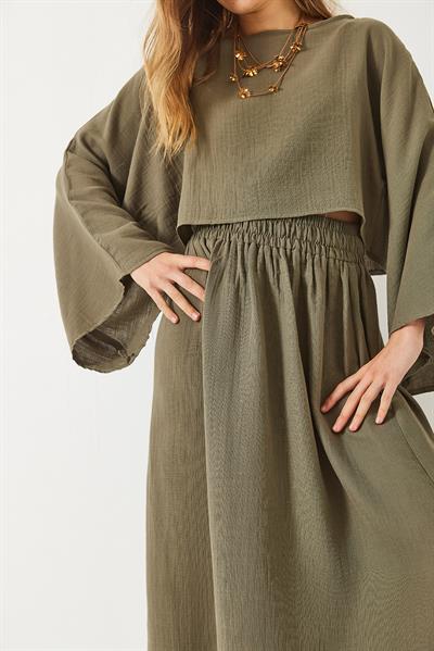 Kadın Yarasa Kol Croplu Beli Lastikli Yırtmaç Detay Etekli Müslin Takım 9280 60281002 - Haki